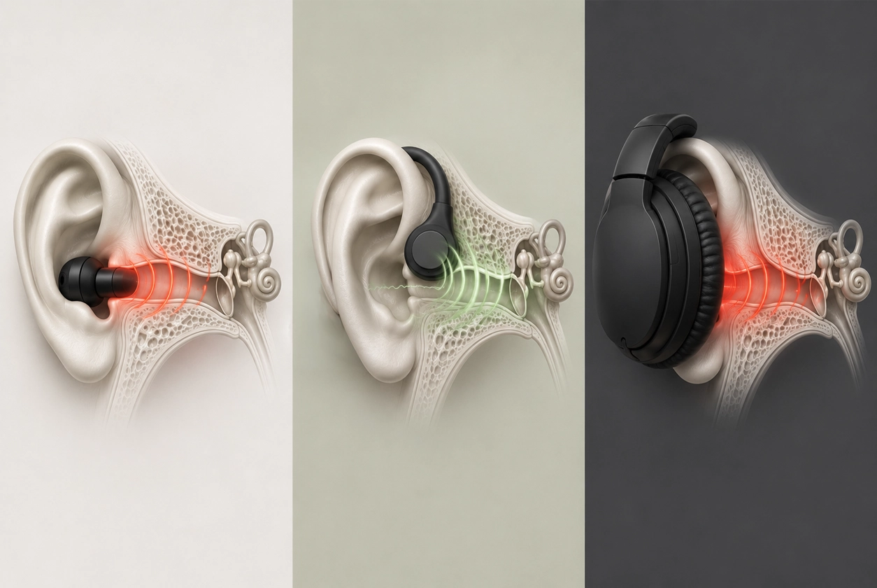 Comparaison des types de casques — vue transmission sonore : le son passe par l'os, pas par le conduit auditif