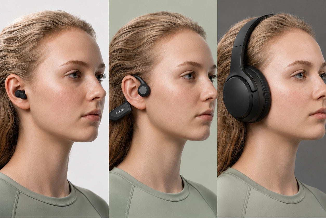 Comparaison des types de casques : écouteurs intra, casque à conduction osseuse MyVibe, casque fermé